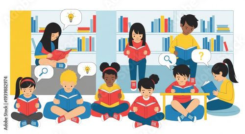 Diverse group of children and adults reading books together in a library with colorful bookshelves