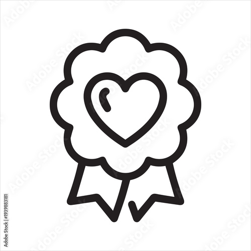 Volunteer award for charity and compassion thin outline icon. Line signs badge medallion rosette with symbol heart and ribbon. Vector isolated pictogram for web app white background editable stroke.