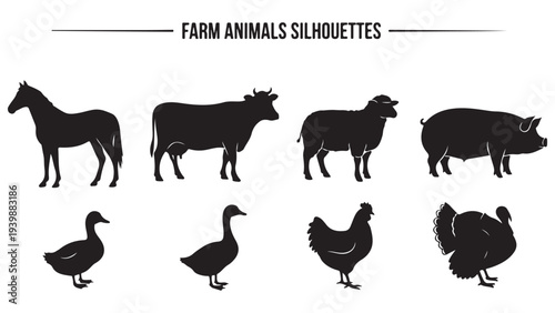 Farm Animal Silhouettes Vector Set - Minimalist Black Livestock and Poultry Icons for Design
