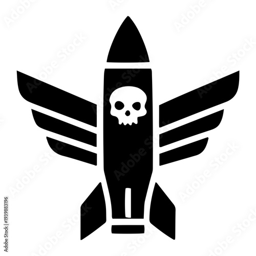 A black missile with a skull symbol on its body is flying through the air during war