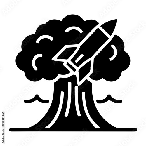 Rocket Launch Amidst War Chaos Through Explosive Cloud Formation Over Volcano Landscape