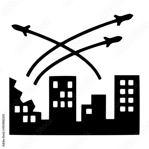 Aerial view of war-torn cityscape with damaged buildings and aircraft flying overhead during conflict