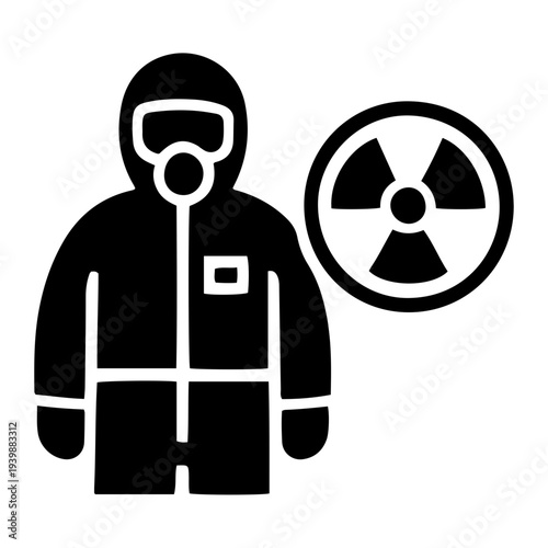 Person in protective suit and gas mask standing near radiation symbol during war zone operation