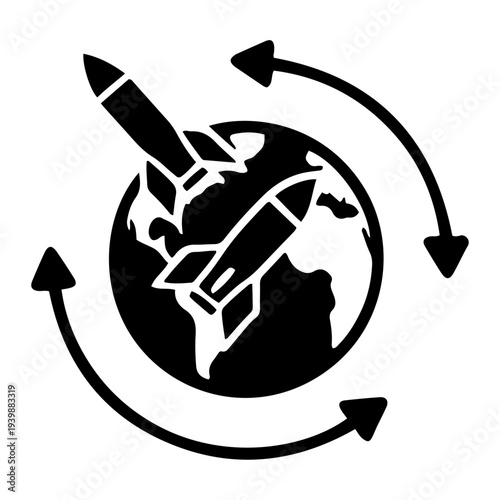Global conflict illustration depicting war and missile launch around the world in a circular motion
