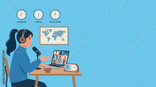 Young woman wearing headphones and speaking into a microphone during a video conference call.