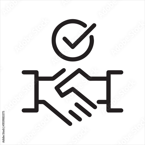 Conclusion agreement, partnership deal thin outline icon. Minimalist line sign two hands in hand shake and check mark. Vector isolated pictogram perfect for web and app or infographic editable stroke.