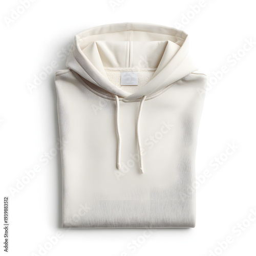 Folded white hoodie with drawstrings.