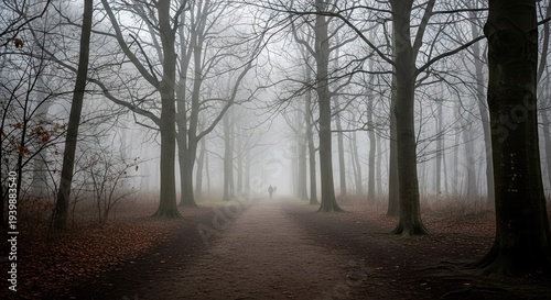Serene Misty Forest Path in Autumn with Bare Trees and Foggy Atmosphere