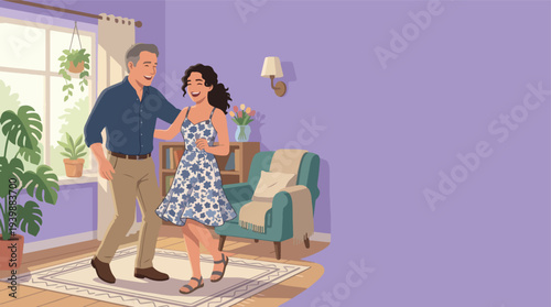 A man and a woman dancing together in a living room.