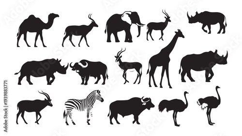 Minimalist Black Silhouette Vector Set of 15 Wild African Safari Animals Flat Design Illustration
