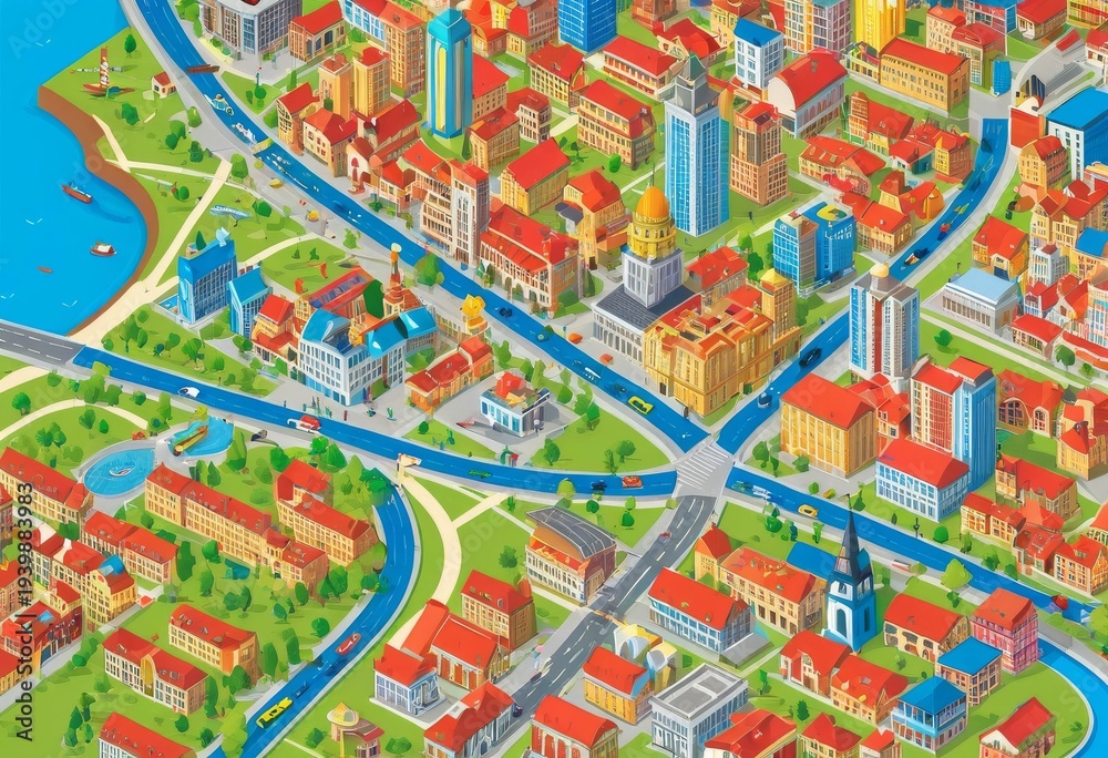 Fototapeta premium Bird's Eye View Illustration of a European Style Town with Red Roof Buildings