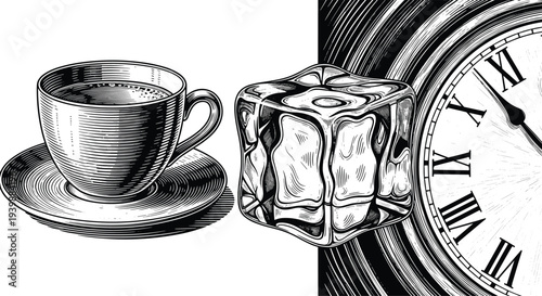 Vintage engraved coffee cup, ice cube, and clock face illustration set, retro drink, time concept, hand drawn sketch collection
