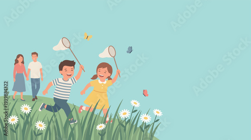 Children happily catching butterflies in a sunny meadow.