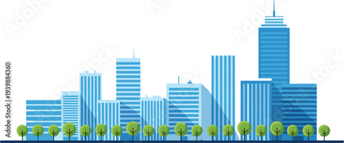 Modern city skyline with skyscrapers and urban buildings vector illustration, blue business district landscape with green trees, contemporary metropolitan architecture design