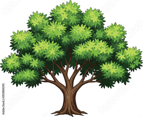 Lush green leafy tree with strong trunk vector illustration, isolated natural forest tree design, botanical nature element for landscape and environment themes