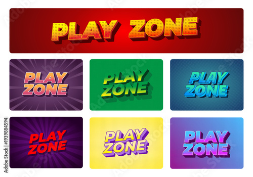 Collection of nine colorful retro comic style play zone text badges, halftone backgrounds and 3d shadowed typography