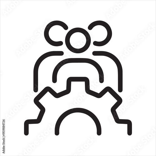 Team training, teamwork development, crm system outline icon. Line sign group of three people with a gear. Vector isolated pictograms for web on white background editable stroke.