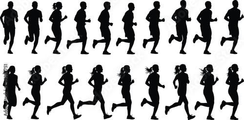 Set of running and jogging silhouettes of men and women in various active poses isolated on white background for fitness design