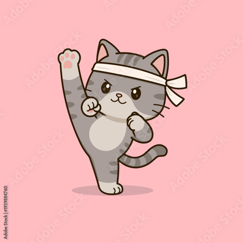 A dynamic vector illustration of a martial arts cat mascot performing a powerful high kick.