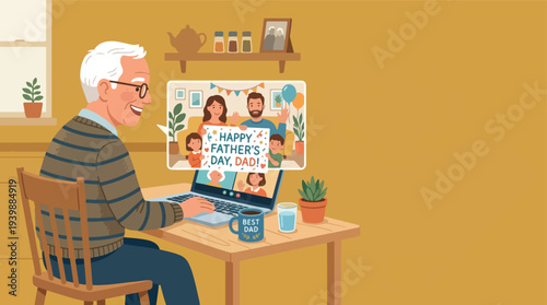 Elderly man video calling family on Fathers Day.