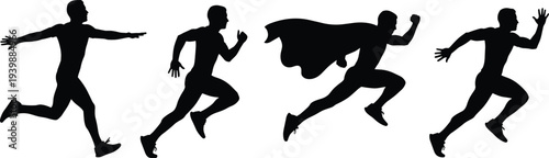 Set of running and jogging silhouettes of men and women in various active poses isolated on white background for fitness design