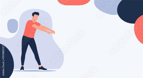 Healthy man in sports attire performing static stretching and warming up exercise illustration, modern flat design for fitness app banners, workout program headers, and wellness coaching posters