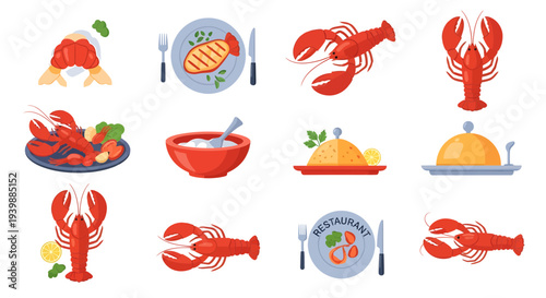 Lobster Seafood Dish and Fine Dining Restaurant Vector Icon Set