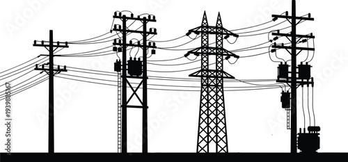Electric power transmission towers silhouette, high voltage power lines infrastructure, electricity distribution network, industrial energy grid system illustration