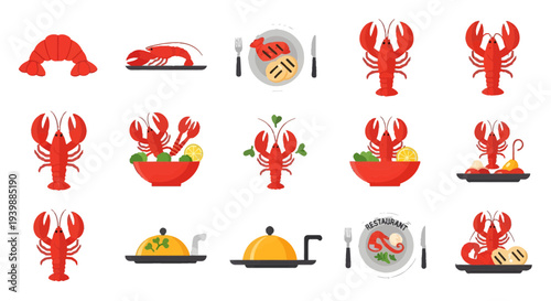 Lobster and Seafood Dish Icon Set for Restaurant Menu and Catering Design