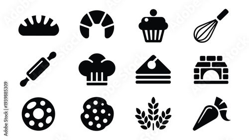Baking icons set including pastry cake and bakery symbols on white background for culinary design