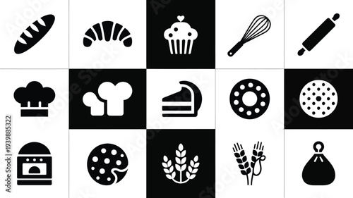Bakery icons set including bread pastry cake and kitchen tools on black and white squares for food business branding