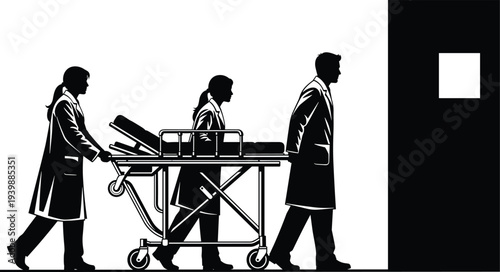 Medical team transporting patient on hospital stretcher, healthcare emergency scene, doctors and nurse silhouette, hospital corridor treatment concept illustration