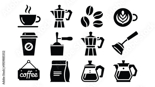 Black vector icons of coffee cups beans and brewers on white background for cafe or restaurant branding