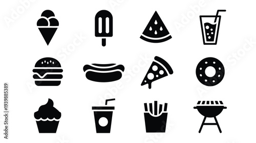 Vector icons of various fast food and summer treats on white background