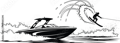 Speedboat towing wakeboarder illustration, extreme water sport action scene, fast motorboat on lake, dynamic wakeboarding adventure silhouette design
