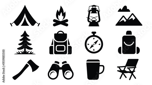Camping outdoor silhouette logo bundle with tent fire lantern mountains tree backpack clock axe binoculars coffee chair on white background for travel and adventure themes