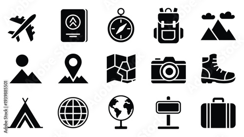 Travel and adventure icons in black silhouette style for design and branding purposes on white background