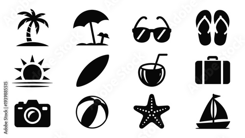 Summer vacation icons set including palm tree sunglasses surfboard and beach ball on white background for travel and leisure design