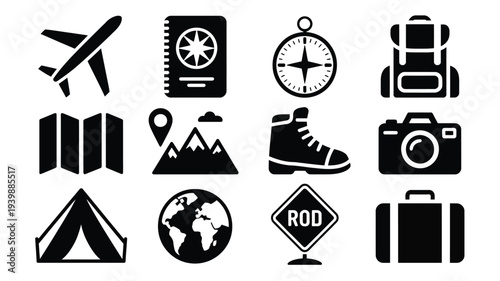 Travel and adventure icons set including airplane compass backpack tent and camera on white background for design and travel concepts