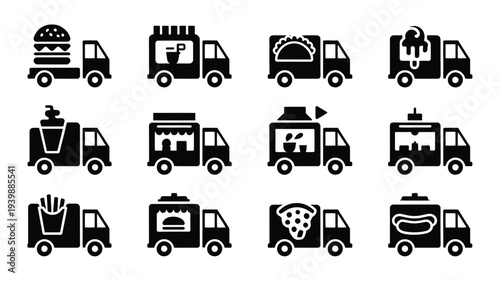 Food truck icons set modern minimalist silhouettes for design various cuisine concepts