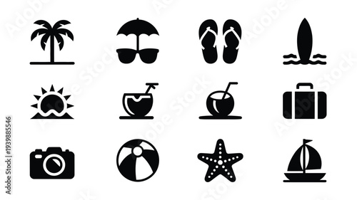 Summer vacation silhouette icons set for travel and leisure concepts