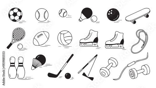 Collection of sports equipment and fitness icons depicted in simple line art on a clean white background from a straightforward viewpoint