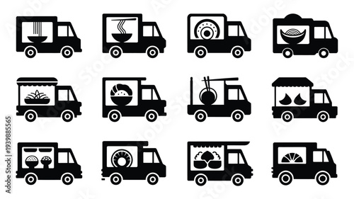 Black silhouette icons of food trucks with various food and drink graphics on the sides on white background