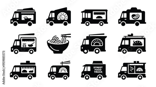 Black silhouette icons of various street food trucks and dishes on white background