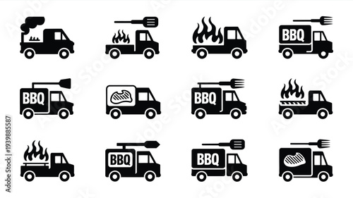 Black food truck icons with bbq and flame designs on white background for restaurant or catering business branding