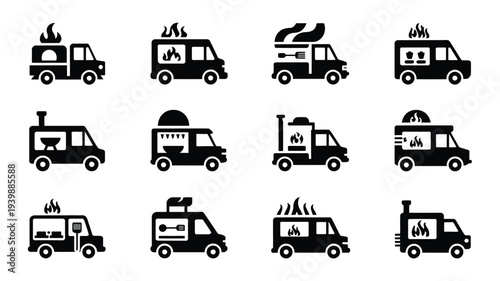 Collection of 12 bold black food truck silhouettes with smoke and flames on white background for design and culinary concepts