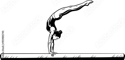 Stylish black and white vector illustration of a gymnast performing a handstand on a balance beam for sports and fitness design.