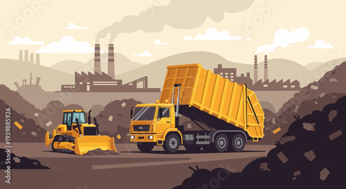 Illustration of a yellow dump truck and bulldozer at a construction site with industrial buildings and smokestacks in the background.