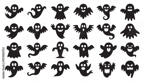 A collection of cartoon ghost silhouettes in various poses and facial expressions on a white background, viewed from a straightforward perspective