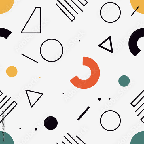 Dynamic geometric flat design seamless pattern featuring vibrant abstract shapes and clean lines, perfect for modern backgrounds and creative graphic projects